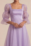 Elegant Lilac Square Neck A Line Long Bridesmaid Dress with Sleeves