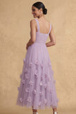 Thick Straps Floral Appliqued A Line Lilac Long Wedding Guest Dress