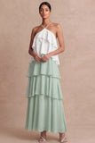 Dusty Sage Cross Halter Tiered A Line Long Bridesmaid Dress