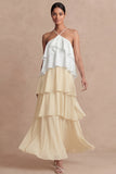 Dusty Sage Cross Halter Tiered A Line Long Bridesmaid Dress
