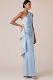Light Blue One Shoulder Sheath Satin Long Bridesmaid Dress with Drape
