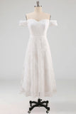 White A Line Off the Shoulder Floral Appliqued Long Engagement Dress