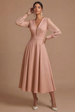 Long Sleeves White V Neck Midi Engagement Dress