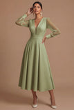 Long Sleeves White V Neck Midi Engagement Dress