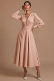 Long Sleeves White V Neck Midi Engagement Dress