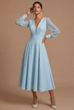 Long Sleeves White V Neck Midi Engagement Dress
