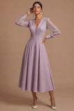 Long Sleeves White V Neck Midi Engagement Dress