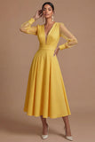 Long Sleeves White V Neck Midi Engagement Dress