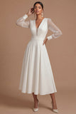 Long Sleeves White V Neck Midi Engagement Dress