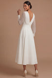Long Sleeves White V Neck Midi Engagement Dress