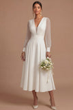 Long Sleeves White V Neck Midi Engagement Dress