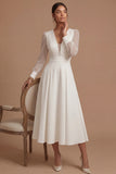 Long Sleeves White V Neck Midi Engagement Dress