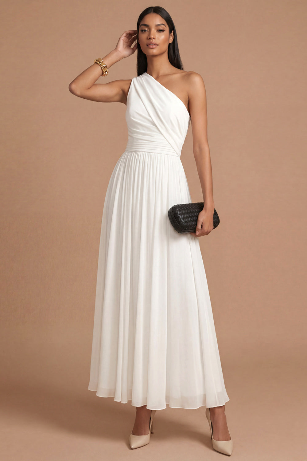 Leely Women One Shoulder Ruched White Pleated Midi Engagement Dress
