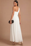 One Shoulder Ruched White Pleated Midi Engagement Dress