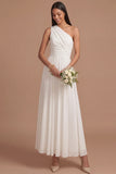 One Shoulder Ruched White Pleated Midi Engagement Dress