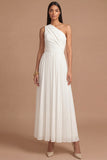 One Shoulder Ruched White Pleated Midi Engagement Dress