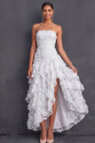 White Floral Appliqued Strapless A Line Midi Engagement Dress