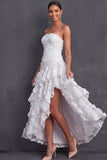 White Floral Appliqued Strapless A Line Midi Engagement Dress
