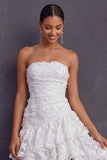 White Floral Appliqued Strapless A Line Midi Engagement Dress