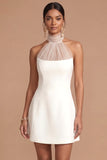 Leely Women A Line White Halter Neck Short Bridal Shower Dress Backless Sleeveless Wedding Reception Dress