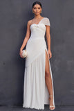 White A Line One Shoulder Pleated Sleeveless Long Engagement Dress with Slit