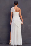 White A Line One Shoulder Pleated Sleeveless Long Engagement Dress with Slit