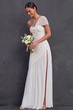 White A Line One Shoulder Pleated Sleeveless Long Engagement Dress with Slit