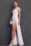 White A Line One Shoulder Pleated Sleeveless Long Engagement Dress with Slit