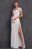 White A Line One Shoulder Pleated Sleeveless Long Engagement Dress with Slit