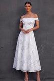 Off the Shoulder Floral Appliqued A Line Midi Long Engagement Dress