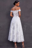 Off the Shoulder Floral Appliqued A Line Midi Long Engagement Dress