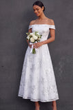 Off the Shoulder Floral Appliqued A Line Midi Long Engagement Dress