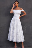 Off the Shoulder Floral Appliqued A Line Midi Long Engagement Dress