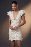 White V Neck Appliqued Bodycon Floral Short Bridal Shower Dress