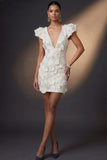 White V Neck Appliqued Bodycon Floral Short Bridal Shower Dress