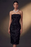 White Sheath Floral Strapless Appliqued Backless Midi Engagement Dress