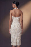White Sheath Floral Strapless Appliqued Backless Midi Engagement Dress