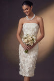 White Sheath Floral Strapless Appliqued Backless Midi Engagement Dress