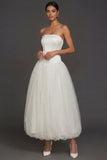 White Basque Waist Satin Corset Strapless Long Engagement Dress