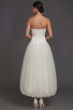 White Basque Waist Satin Corset Strapless Long Engagement Dress