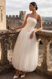 White Basque Waist Satin Corset Strapless Long Engagement Dress