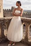 White Basque Waist Satin Corset Strapless Long Engagement Dress