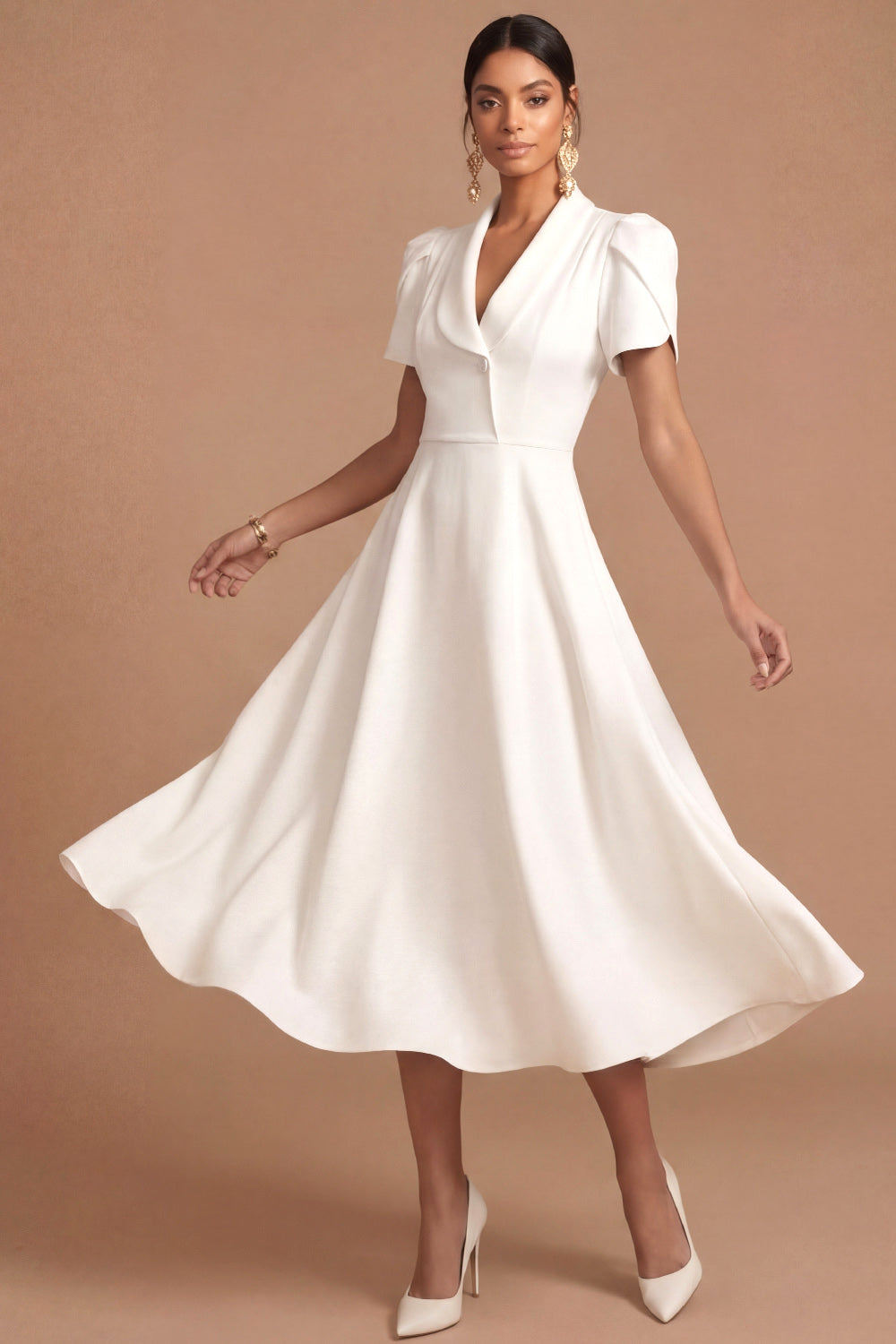 Leely Women White A Line V Neck Midi Engagement Dress Short Sleeves
