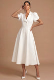 White A Line V Neck Short Sleeves Midi Engagement Dress