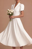 White A Line V Neck Short Sleeves Midi Engagement Dress