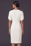 Satin Sheath White Beaded Short Sleeves Midi Engagement Dress