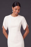 Satin Sheath White Beaded Short Sleeves Midi Engagement Dress