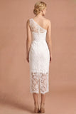 One Shoulder Sheath Appliqued White Midi Engagement Dress