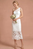 One Shoulder Sheath Appliqued White Midi Engagement Dress