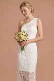 One Shoulder Sheath Appliqued White Midi Engagement Dress